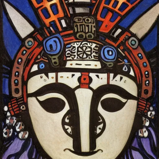 Image similar to head of a beautiful machine shaman wearing a mask made of metal flowers, by annie swynnerton and nicholas roerich and jean delville and john watkiss, art deco shaman, stylized geometric flowers, art brut, symbolist, dramatic lighting, god rays, iridescent beetles, clean crisp graphics, smooth sharp focus, extremely detailed, adolf wolfli