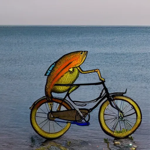 Prompt: a fish riding a bicycle
