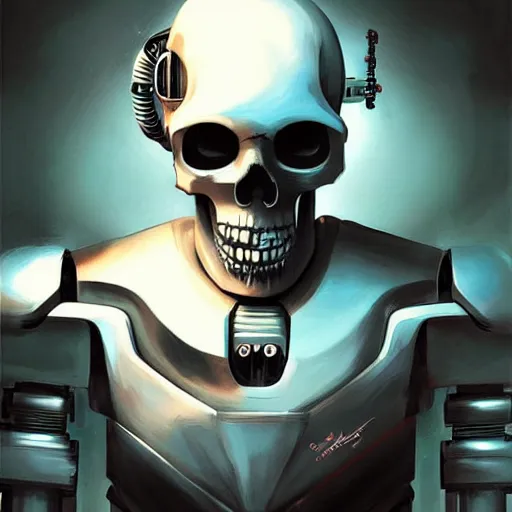 Image similar to skull - headed robot cyborg painting, illutstration, concept art, cyberpunk, futurism, comics art, artgerm, full body shot