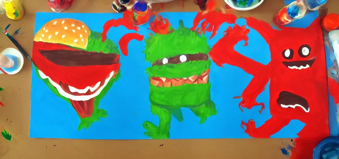 Image similar to kids painting of fast food monster