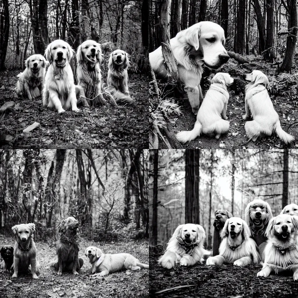 Prompt: a creepy, horrifying photo of golden retrievers in witch ribes performing an evil ritual in the woods. black and white, noir, grainy, distorted, creepy, horror, vvitch, wicca