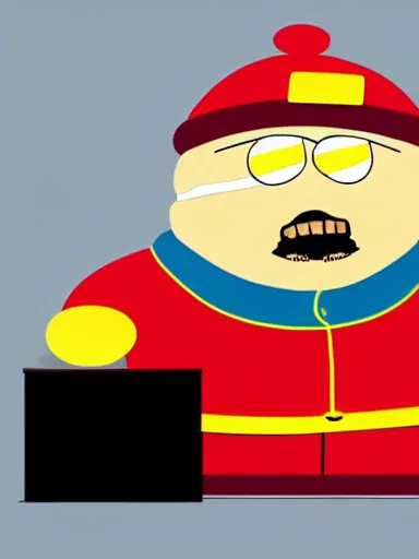 Image similar to highly detailed portrait of scarface as cartman from south park, holding a bucket of kfc, a line of gravy on the desk in front of him, flat light, paper cutout, flat design, papercraft, detailed and intricate environment