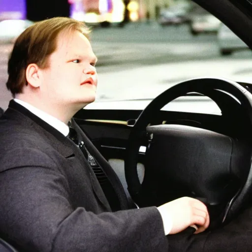 Image similar to 1 9 9 8 andy richter wearing a black wool coat and necktie in his car driving through the streets of chicago at night, pov back seat of car, cozy atmosphere