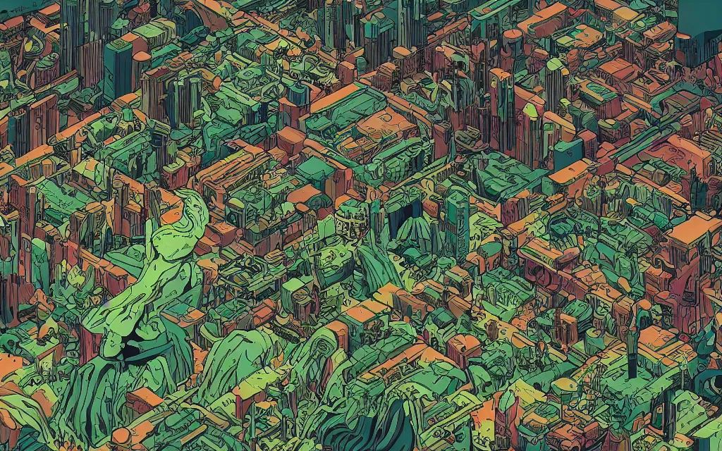 Prompt: very detailed, prophet graphic novel, ilya kuvshinov, mcbess, rutkowski, simon roy, illustration of a dense green alien megacity on a desert planet, isometric, colorful, deep shadows, astrophotography