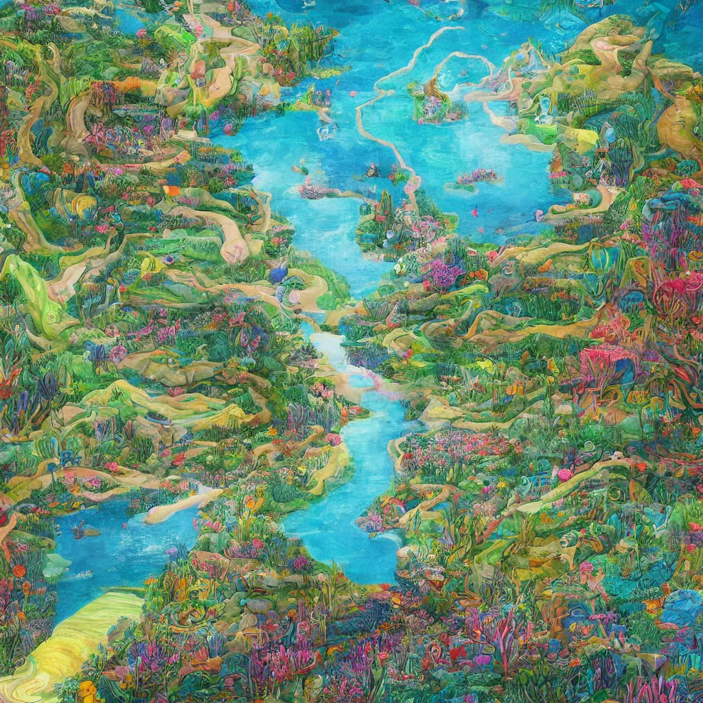 Image similar to surrealist painting with a river running through the middle going off into the infinite distance with a girl throwing rocks into the river with whimsical trees and flowers and scenery, 8 k, trending on artstation, illustration, mixed collage media, hyper detailed, simple lines, warm epic colors