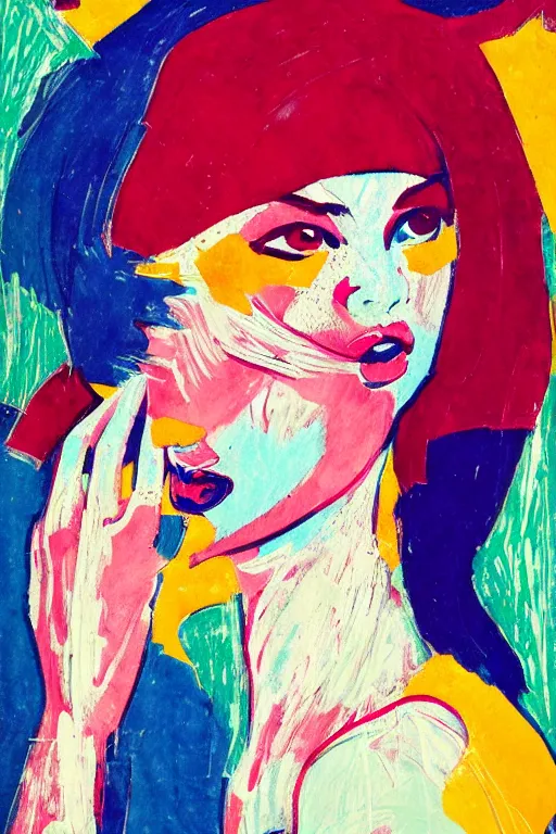 Prompt: 🤤 girl portrait, abstract, rich in details, broken composition, coarse texture, concept art, visible strokes, colorful, art by Kirchner, Gaughan, Caulfield, Aoshima, Earle