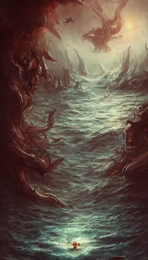 Image similar to man on boat crossing a body of water in hell with creatures in the water, sea of souls, by ross tran