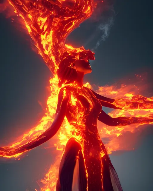 Image similar to female fire elemental wearing burning dress engulfed in large glowing flames, Alexander McQueen, Elden Ring, fashion photoshoot, artgerm, octane render, hyper realistic, extreme detail, trending on artstation