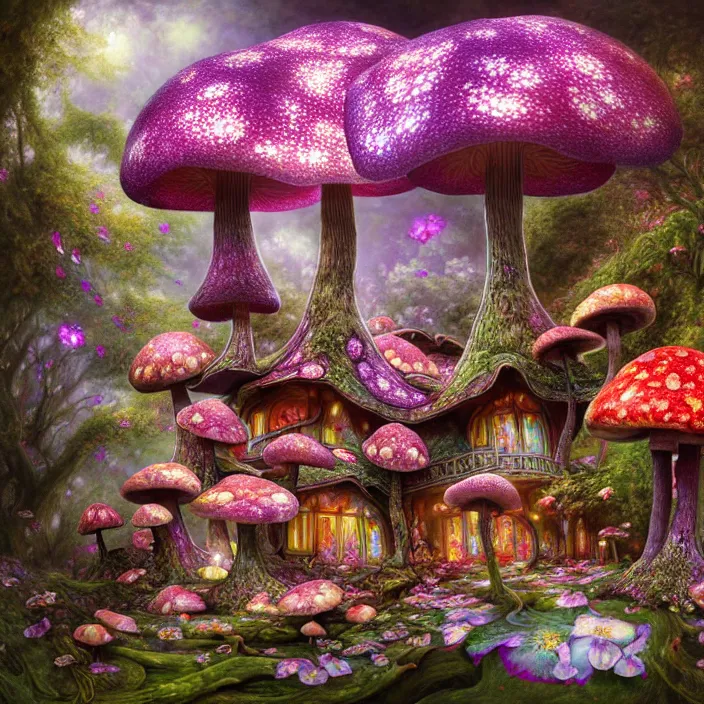 Prompt: extremely psychedelic home made of orchid and cherry blossom tree and mushroom, LSD, diffuse lighting, fantasy, intricate, elegant, highly detailed, lifelike, photorealistic, digital painting, artstation, illustration, concept art, smooth, sharp focus, art by John Collier and Albert Aublet and Krenz Cushart and Artem Demura and Alphonse Mucha