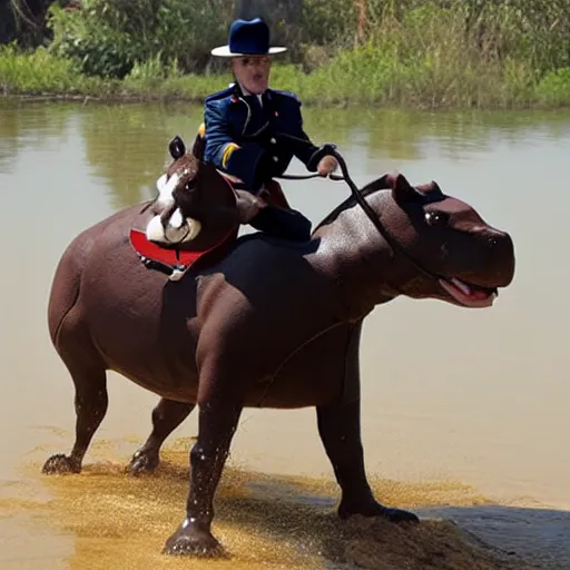 Prompt: a mountie riding on a hippo