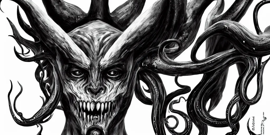 Prompt: highly detailed black and white photography of a demon face with pointed horns and tentacles, beautiful face, art by durero, illustration