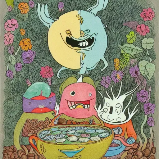 Image similar to highly detailed illustration of friendly monsters laughing and dancing around beautiful warm cups of coffee, amongst coffee beans and flowers, and rainbows in the style of Japanese illustration, Maurice Sendak, Tove Jansson