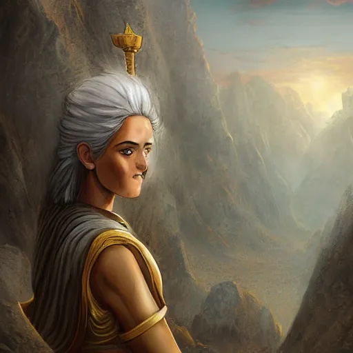 Prompt: young ancient greek woman in golden helmet, giant grey-haired bearded male face in the sky, epic fantasy style art, fantasy epic digital art