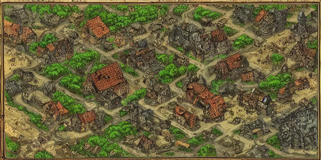 Prompt: isometric strategy game view, 1 8 th century german village, spooky cthulhu map, amazing detail, game art by moebius,