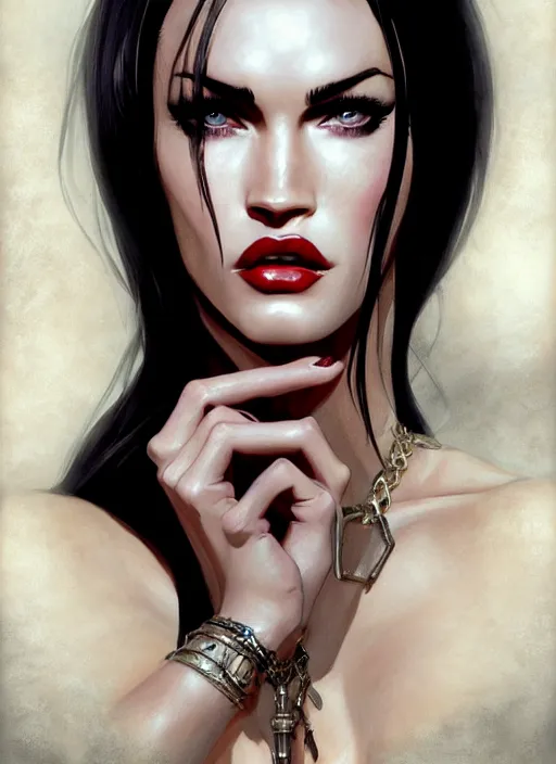 Prompt: portrait of megan fox as a sexy sultry evil vampire queen, jewelry, greek, dark, intricate, headshot, key visual, conceptart, ambient lighting, highly detailed, digital painting, artstation, concept art, sharp focus, by makoto shinkai and akihiko yoshida and greg manchess