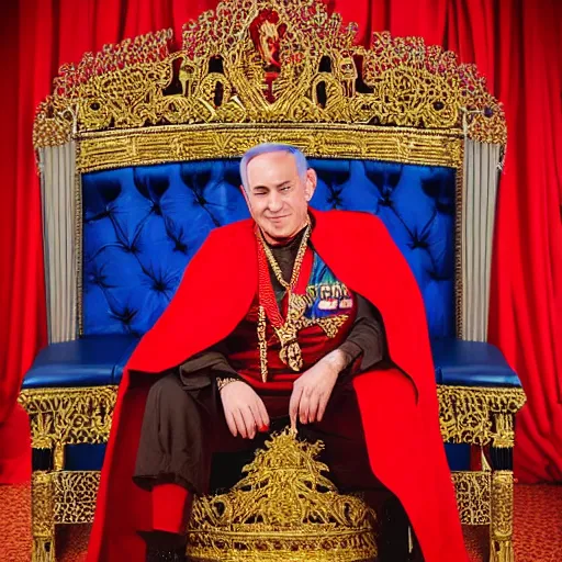 Image similar to portrait of Benjamin Netanyahu sitting on an ornate throne wearing a red furred cape and a crown grasping a royal ornate rod, vivid rich colors, ambient lighting, dynamic lighting, official media, HQ, detailed