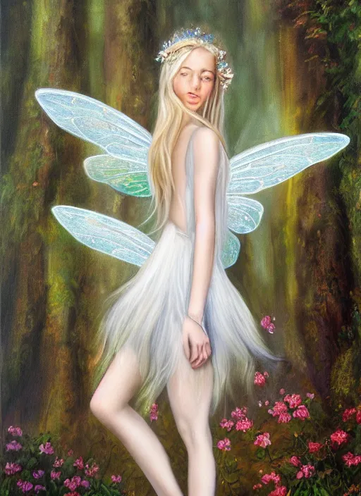 Prompt: beautiful oil painting full body portrait of fairy princess princess soft skin silver hair standing in forest, wings, diadem