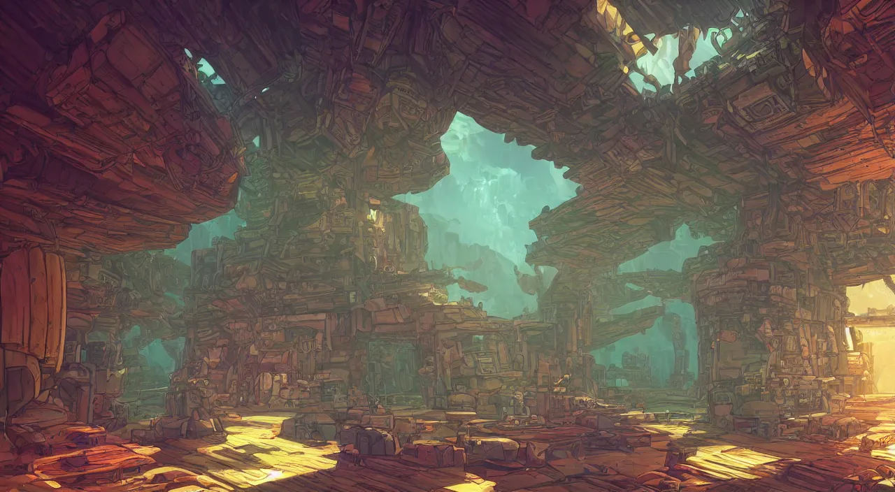 Image similar to open door wood wall fortress airship greeble block amazon jungle on portal unknow world ambiant fornite colorful radiating a glowing aura global illumination ray tracing hdr that looks like it is from borderlands and by feng zhu and loish and laurie greasley, victo ngai, andreas rocha, john harris