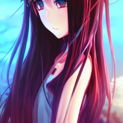 Prompt: a teenage anime girl very long black/red hair, one yellow and one blue eye, intense stare, dream hacking, cinematic lighting, medium shot, MCU, trending on artstation, CSP, Photoshop, WLOP, Rossdraws, James Jean, Andrei Riabovitchev, Marc Simonetti, Anastasia Ovchinnikova, Véronique Meignaud, BEN MAIER and Sakimichan