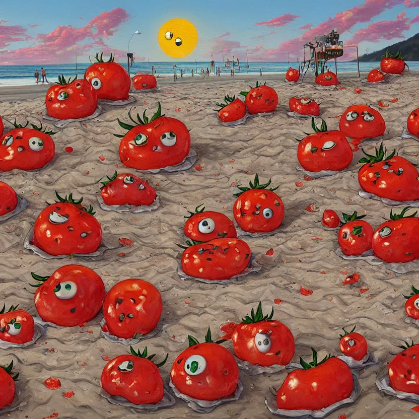 Image similar to a funny high resolution oil painting with dirty old brush of a lazy red burning and melting tomatos with googly eyes on a sunset beach to hot for the sun, big piles of strawberry icecream in cones falling from the sky by james jean