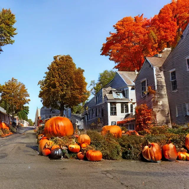 Image similar to small new england colonial city street with shops and pumpkins, maple trees with fall foliage, new hampshire mountain, stone walls, volumetric, realistic, cinematic lighting, ray tracing, unreal engine 5, octane render, hyper realistic, photo, 8 k