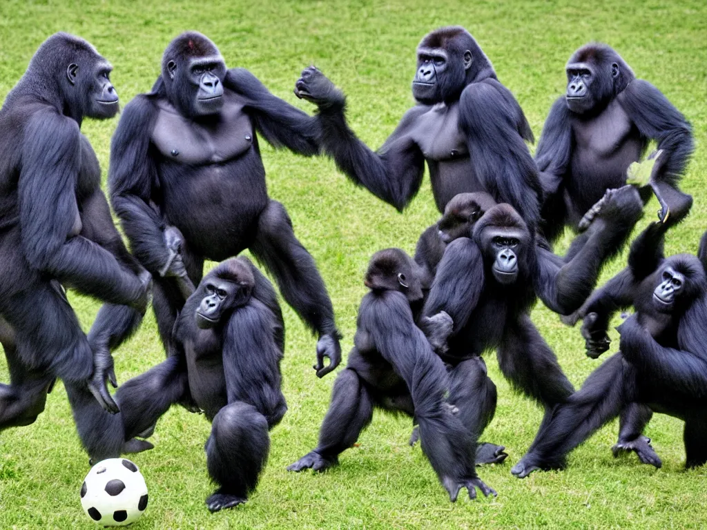 Image similar to gorillas playing soccer, vivid