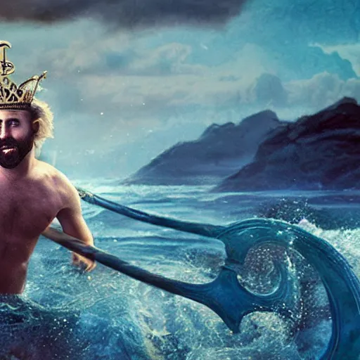Prompt: screaming Ryan Gosling as Poseidon with trident and crown on head, the king of the sea, ready to fight, matte painting, dark colors