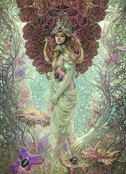 Prompt: a mushroom queen in her 3 d bioluminescent radically alive world of fungal fractals and butterflies, intricate mycelial lace, fractalpunk, rococo, inspired by peter mohrbacher & james jean & android jones & william morris & ernst haeckel & alphonse mucha