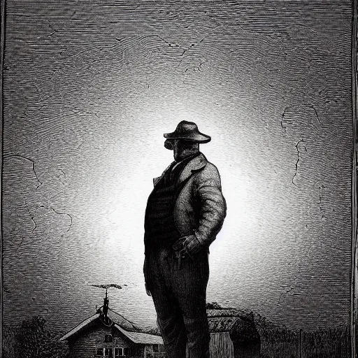 Image similar to pig in a tuxedo walk out of a barn, dramatic lighting, creepy, farm background, chiaroscuro, high detail, illustration by gustave dore