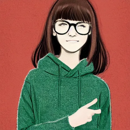 Prompt: portrait of a teenage girl with bangs, brown hair and bangs, round silver glasses, wearing a pastel green hoodie with black sleeves, digital art, elegant pose, illustration with thick lineart