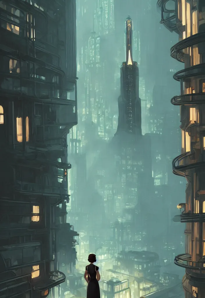 Image similar to a concept art painting of art deco bioshock style city with a woman with back to camera looking out of a window by tuomas korpi, pablo carpio, gilles beloeil, cedric peyravernay, 1 9 6 0's, trending on artstation, highly detailed, atmospheric, directional lighting, cinematic