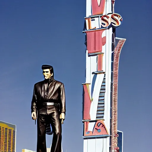 Prompt: Giant Elvis Presley towering over Las Vegas