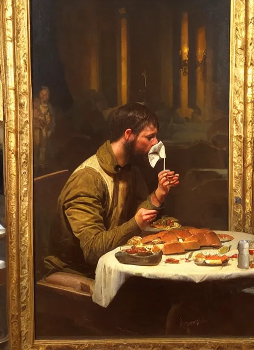 Prompt: young man eating a hamburger in the center of a dark medieval dinning room, surrounded by starving people in front of a giant painting, extremely realistic and highly detailed painting by gaston bussiere, soft light, gold ratio