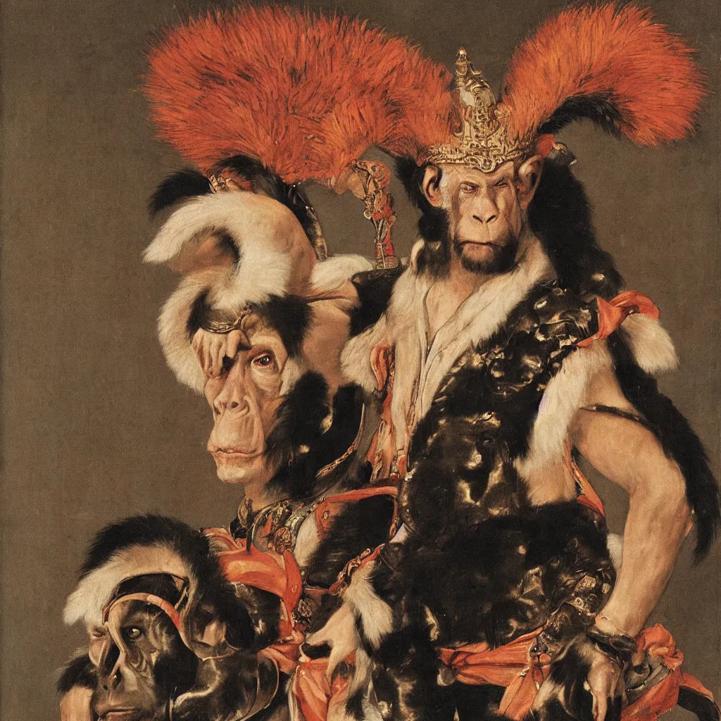 Image similar to portrait of a monkey king of, artwork by velazquez, wearing a donkey ears