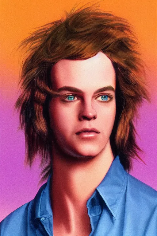 Image similar to an original beeple digital art portrait of a typical member of generation x, in the style of a 1 9 8 0's glamour shot, beautiful flowing mullet hairstyle