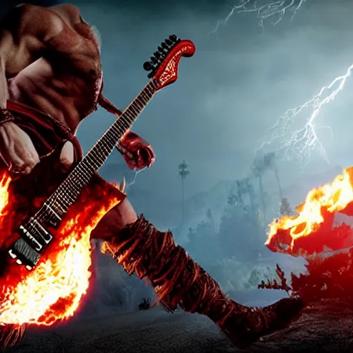 Image similar to kratos shredding on a flaming stratocaster guitar, cinematic render, god of war 2 0 1 8, santa monica studio official media, lightning, spartan rage, head turned