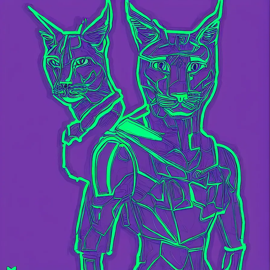 Prompt: a slightly minimalist very detailed fullbody portrait antropomorphic humanoid android with a head of a lynx. lowbrow blacklight color palette. artwork by subjekt zero. black background.