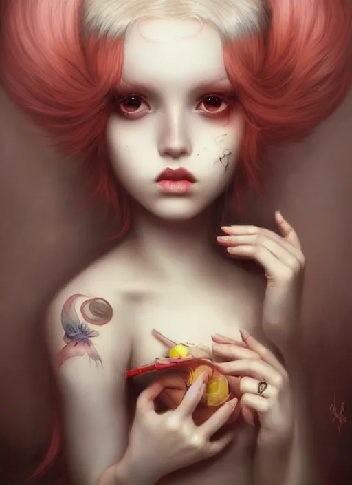 Image similar to pop surrealism, lowbrow art, realistic cute seductive girl painting, japanese street fashion, hyper realism, muted colours, rococo, natalie shau, loreta lux, tom bagshaw, trevor brown style,