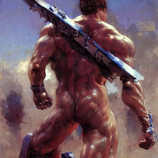 Image similar to muscular male cyborg, muscle, painting by gaston bussiere, craig mullins, greg rutkowski, yoji shinkawa