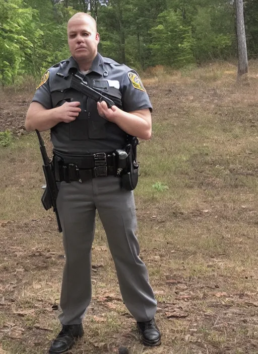 Prompt: Minnesota State Trooper in uniform and rifle in hand, standing victorious over a dead zombie.