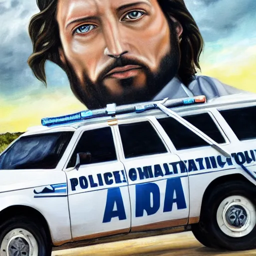 Image similar to hyperrealism painting of jesus christ standing on top of a police car in a police chase