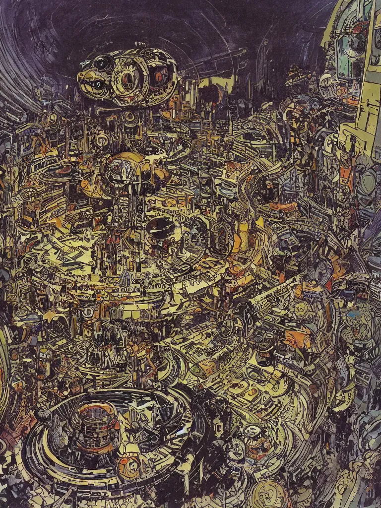 Image similar to Circular room with robot cat in the center, by Philippe Druillet