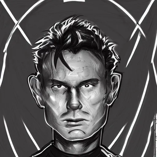 Prompt: Bust Portrait of David Bates from Starset in a sci fi uniform with a BMI on his temple; hyper realistic, high detail, artstation, deviantart