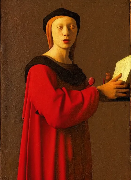 Image similar to red candle, medieval painting by jan van eyck, johannes vermeer, florence