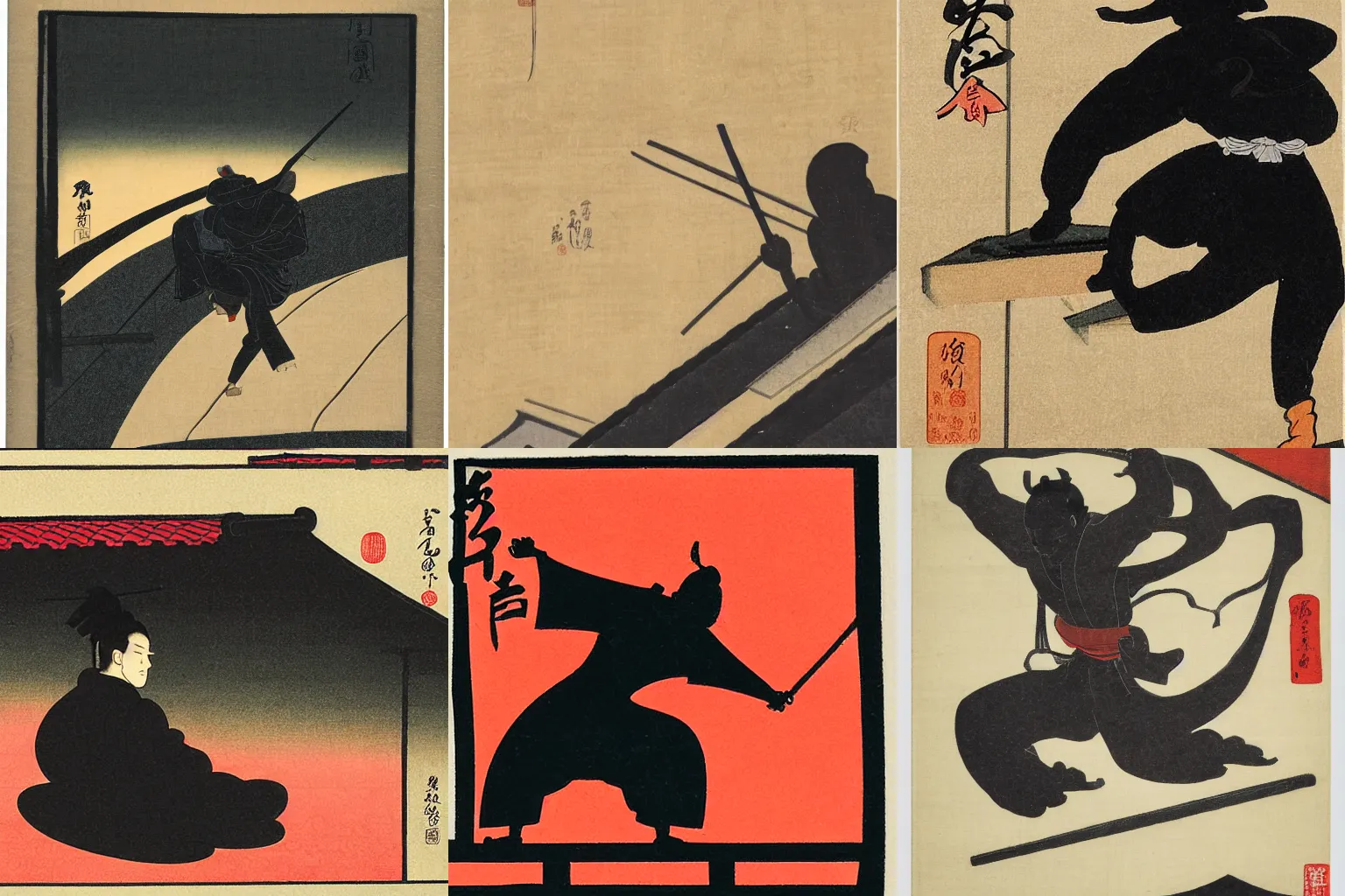 Prompt: silhouette of a ninja sitting on the roof of a chinese building, ukiyo-e