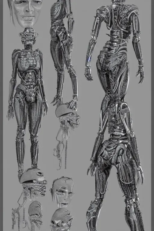 Image similar to cyborg queen with gunmetal grey skin, medical anatomy, very symmetrical face, highly detailed, mecha, three - perspective / three - view reference sheet ( front / back / side ), in the style of james gurney, dan ouellette, hr giger, sil from species, dren from splice, biomechanical, artstation, unreal engine