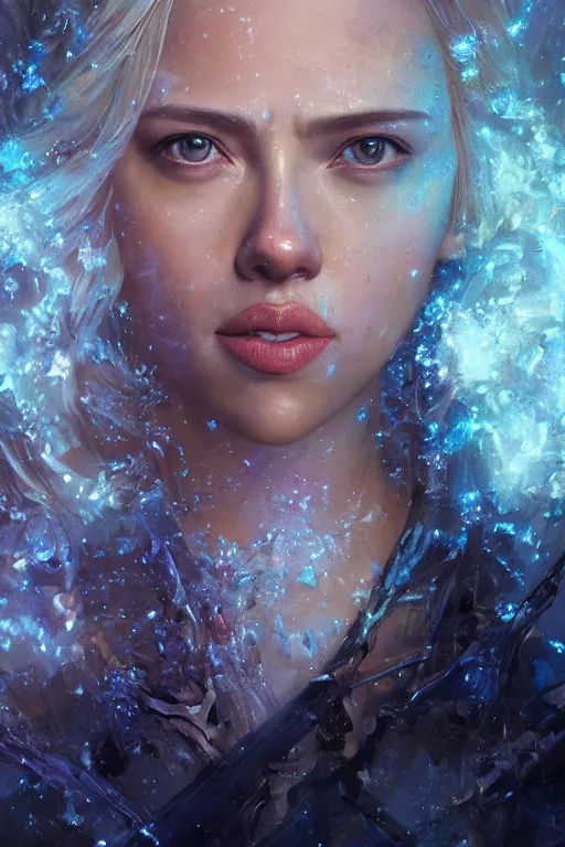 Image similar to a portrait of a crystalized Scarlett Johansson by Greg Rutkowski, Sung Choi, Mitchell Mohrhauser, Maciej Kuciara, Johnson Ting, Maxim Verehin, Peter Konig, final fantasy , mythical, 8k photorealistic, cinematic lighting, HD, high details, atmospheric,