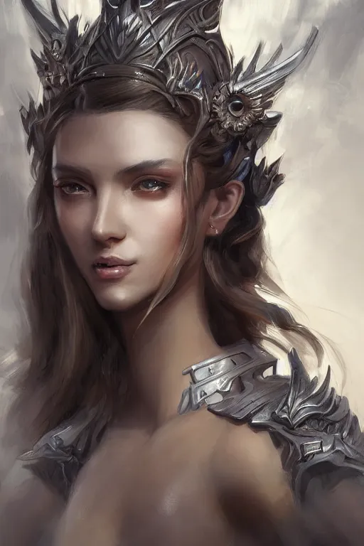 Image similar to three-quarters portrait pose of a beautiful woman, slim body, shining armor, human warrior, fantasy, intricate, elegant, highly detailed, digital painting, artstation, concept art, matte, sharp focus,D&D, illustration, art by Stanley Lau