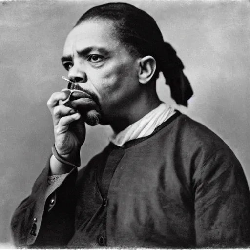 Image similar to ice - t, iced tea with a straw, by julia margaret cameron 1 8 8 0 s, realistic, body shot, sharp focus, 8 k high definition, insanely detailed, intricate, elegant