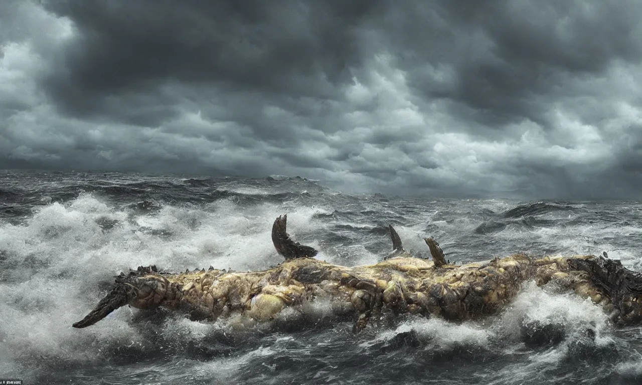 Prompt: a gigantic monster that looks like a mixture of monkfish with crocodile limbs, wet and slimy with a very large mouth, is coming out of the sea dragging its enormous weight with effort on a beach, there are people fleeing in terror, photo-realistic, stormy sky, photo by national geographical